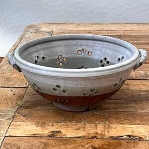 Art Studio Pottery Color Block Stoneware S Berry Bowl Colander 8.5" Handles